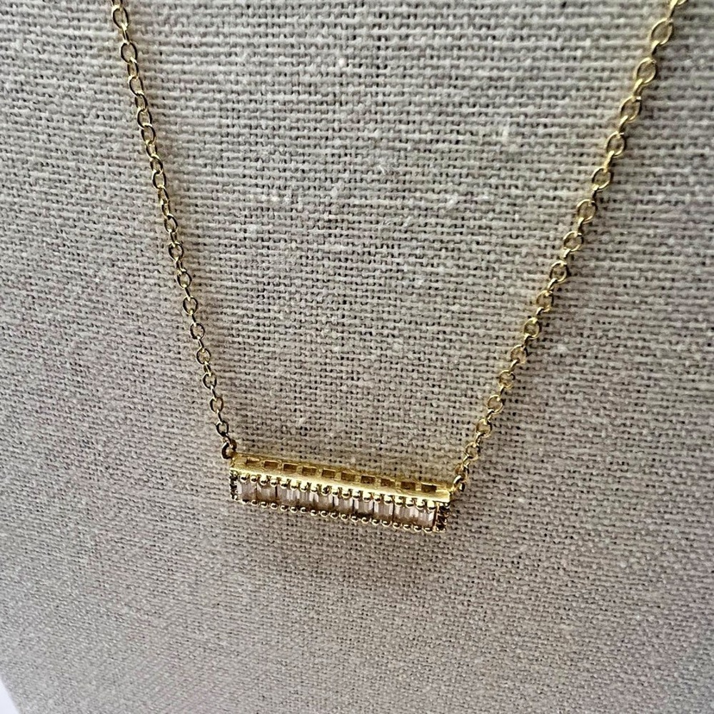18K RGP Gold Bar Pendant Necklace Clear Baguette Crystals Dainty Minimalist 18"